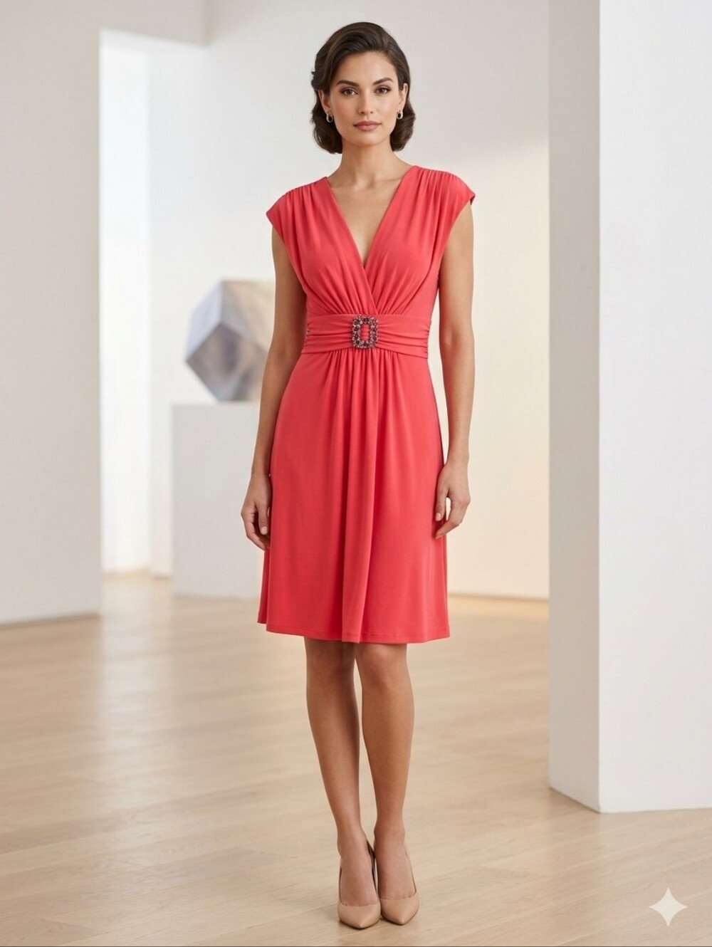Bisou Bisou Michele Bohbot red plunge v-neck neckline cap sleeve - size 4